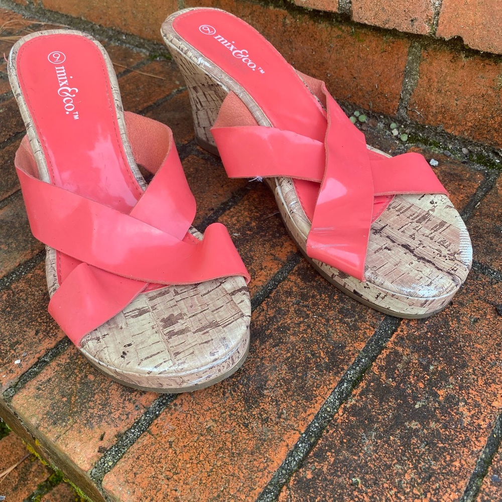 Cute peach colored wedge sandals